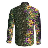 Hawaii Mardi Gras Family Matching Off The Shoulder Long Sleeve Dress and Hawaiian Shirt Tropical Flowers Glitter Style