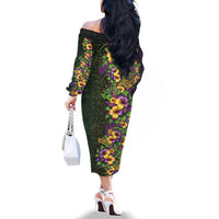 Hawaii Mardi Gras Family Matching Off The Shoulder Long Sleeve Dress and Hawaiian Shirt Tropical Flowers Glitter Style