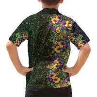 Hawaii Mardi Gras Family Matching Off Shoulder Short Dress and Hawaiian Shirt Tropical Flowers Glitter Style