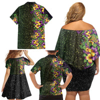 Hawaii Mardi Gras Family Matching Off Shoulder Short Dress and Hawaiian Shirt Tropical Flowers Glitter Style