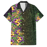 Hawaii Mardi Gras Family Matching Off Shoulder Short Dress and Hawaiian Shirt Tropical Flowers Glitter Style