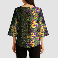 Hawaii Mardi Gras Kimono Sleeve Blouse Tropical Flowers Glitter Style