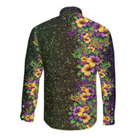 Hawaii Mardi Gras Long Sleeve Button Shirt Tropical Flowers Glitter Style