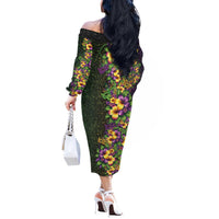 Hawaii Mardi Gras Off The Shoulder Long Sleeve Dress Tropical Flowers Glitter Style
