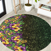 Hawaii Mardi Gras Round Carpet Tropical Flowers Glitter Style LT05 Black - Polynesian Pride
