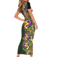 Hawaii Mardi Gras Short Sleeve Bodycon Dress Tropical Flowers Glitter Style LT05 - Polynesian Pride