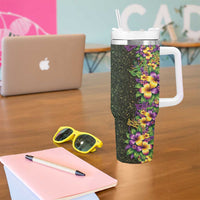 Hawaii Mardi Gras Tumbler With Handle Tropical Flowers Glitter Style