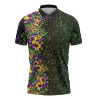 Hawaii Mardi Gras Zipper Polo Shirt Tropical Flowers Glitter Style