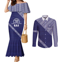 Tonga Queen Salote College Couples Matching Mermaid Dress and Long Sleeve Button Shirt 100 Years Anniversary Navy Color