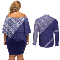 Tonga Queen Salote College Couples Matching Off Shoulder Short Dress and Long Sleeve Button Shirt 100 Years Anniversary Navy Color