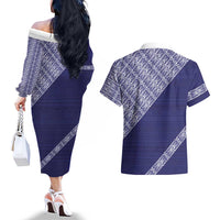 Tonga Queen Salote College Couples Matching Off The Shoulder Long Sleeve Dress and Hawaiian Shirt 100 Years Anniversary Navy Color
