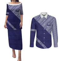 Tonga Queen Salote College Couples Matching Puletasi and Long Sleeve Button Shirt 100 Years Anniversary Navy Color