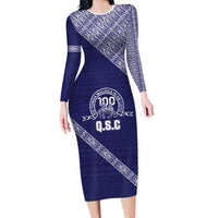 Tonga Queen Salote College Family Matching Long Sleeve Bodycon Dress and Hawaiian Shirt 100 Years Anniversary Navy Color