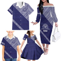 Tonga Queen Salote College Family Matching Off The Shoulder Long Sleeve Dress and Hawaiian Shirt 100 Years Anniversary Navy Color