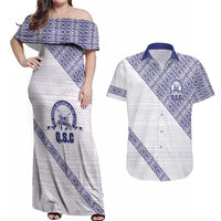 Tonga Queen Salote College Couples Matching Off Shoulder Maxi Dress and Hawaiian Shirt 100 Years Anniversary White Color