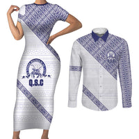 Tonga Queen Salote College Couples Matching Short Sleeve Bodycon Dress and Long Sleeve Button Shirt 100 Years Anniversary White Color