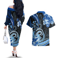 Polynesia Paisley Couples Matching Off The Shoulder Long Sleeve Dress and Hawaiian Shirt Mix Blue Polynesian Pattern LT05 - Polynesian Pride