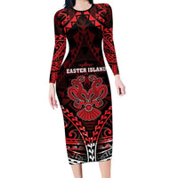 Personalised Easter Island Family Matching Long Sleeve Bodycon Dress and Hawaiian Shirt Polynesian Pattern Emblem LT05 Mom's Dress Black - Polynesian Pride
