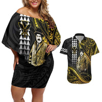 Hawaii Kuhio The Citizen Prince Couples Matching Off Shoulder Short Dress and Hawaiian Shirt Gold Polynesian Tribal Tattoo