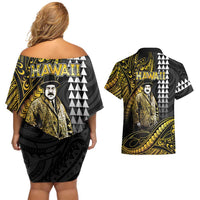 Hawaii Kuhio The Citizen Prince Couples Matching Off Shoulder Short Dress and Hawaiian Shirt Gold Polynesian Tribal Tattoo