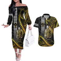 Hawaii Kuhio The Citizen Prince Couples Matching Off The Shoulder Long Sleeve Dress and Hawaiian Shirt Gold Polynesian Tribal Tattoo
