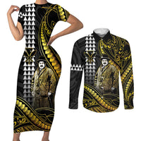 Hawaii Kuhio The Citizen Prince Couples Matching Short Sleeve Bodycon Dress and Long Sleeve Button Shirt Gold Polynesian Tribal Tattoo