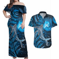 New Zealand Matariki Couples Matching Off Shoulder Maxi Dress and Hawaiian Shirt Maori Koru With Humpback Whale Blue