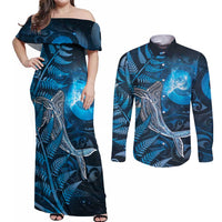 New Zealand Matariki Couples Matching Off Shoulder Maxi Dress and Long Sleeve Button Shirt Maori Koru With Humpback Whale Blue