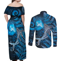 New Zealand Matariki Couples Matching Off Shoulder Maxi Dress and Long Sleeve Button Shirt Maori Koru With Humpback Whale Blue
