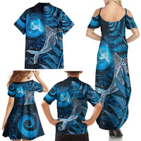 New Zealand Matariki Family Matching Summer Maxi Dress and Hawaiian Shirt Maori Koru With Humpback Whale Blue