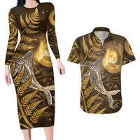 New Zealand Matariki Couples Matching Long Sleeve Bodycon Dress and Hawaiian Shirt Maori Koru With Humpback Whale Gold