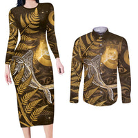 New Zealand Matariki Couples Matching Long Sleeve Bodycon Dress and Long Sleeve Button Shirt Maori Koru With Humpback Whale Gold