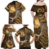 New Zealand Matariki Family Matching Off Shoulder Maxi Dress and Hawaiian Shirt Maori Koru With Humpback Whale Gold