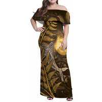 New Zealand Matariki Family Matching Off Shoulder Maxi Dress and Hawaiian Shirt Maori Koru With Humpback Whale Gold