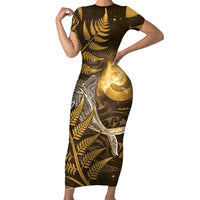 New Zealand Matariki Family Matching Short Sleeve Bodycon Dress and Hawaiian Shirt Maori Koru With Humpback Whale Gold