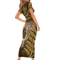 New Zealand Matariki Family Matching Short Sleeve Bodycon Dress and Hawaiian Shirt Maori Koru With Humpback Whale Gold