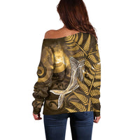 New Zealand Matariki Off Shoulder Sweater Maori Koru With Humpback Whale Gold LT05 - Polynesian Pride