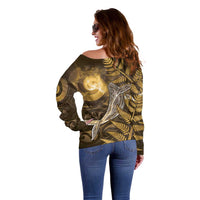 New Zealand Matariki Off Shoulder Sweater Maori Koru With Humpback Whale Gold LT05 - Polynesian Pride