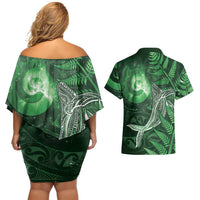 New Zealand Matariki Couples Matching Off Shoulder Short Dress and Hawaiian Shirt Maori Koru With Humpback Whale Green