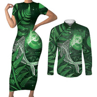 New Zealand Matariki Couples Matching Short Sleeve Bodycon Dress and Long Sleeve Button Shirt Maori Koru With Humpback Whale Green
