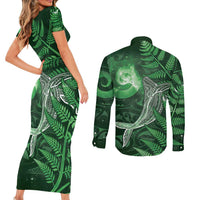New Zealand Matariki Couples Matching Short Sleeve Bodycon Dress and Long Sleeve Button Shirt Maori Koru With Humpback Whale Green