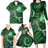 New Zealand Matariki Family Matching Long Sleeve Bodycon Dress and Hawaiian Shirt Maori Koru With Humpback Whale Green