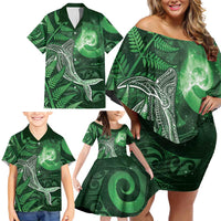 New Zealand Matariki Family Matching Off Shoulder Short Dress and Hawaiian Shirt Maori Koru With Humpback Whale Green
