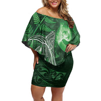 New Zealand Matariki Family Matching Off Shoulder Short Dress and Hawaiian Shirt Maori Koru With Humpback Whale Green