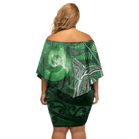 New Zealand Matariki Family Matching Off Shoulder Short Dress and Hawaiian Shirt Maori Koru With Humpback Whale Green