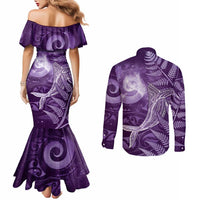 New Zealand Matariki Couples Matching Mermaid Dress and Long Sleeve Button Shirt Maori Koru With Humpback Whale Purple