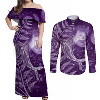 New Zealand Matariki Couples Matching Off Shoulder Maxi Dress and Long Sleeve Button Shirt Maori Koru With Humpback Whale Purple