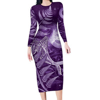 New Zealand Matariki Long Sleeve Bodycon Dress Maori Koru With Humpback Whale Purple