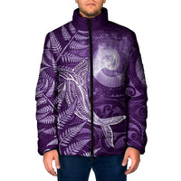 New Zealand Matariki Padded Jacket Maori Koru With Humpback Whale Purple