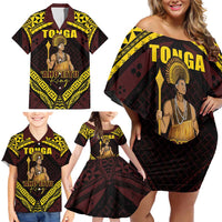 Tonga First King Family Matching Off Shoulder Short Dress and Hawaiian Shirt Ahoeitu Know Your Roots